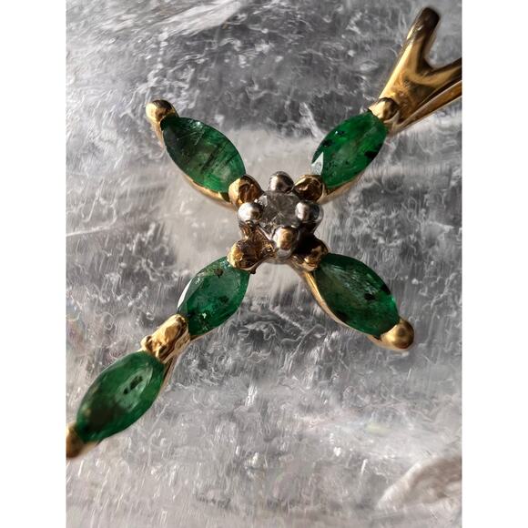 Vintage 14K Yellow Gold Emerald & Diamond Marquise Cross Pendant - Picture 2 of 16